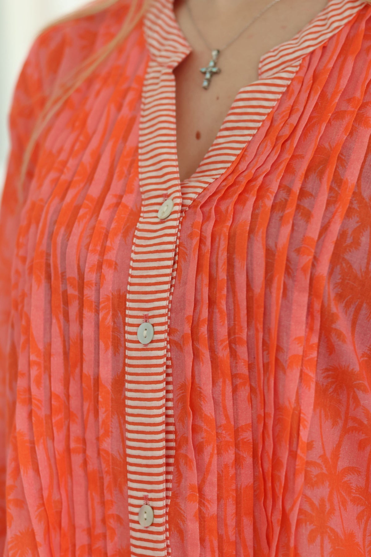 Mandarin Pin Tuck Dress Red/Pink Palm