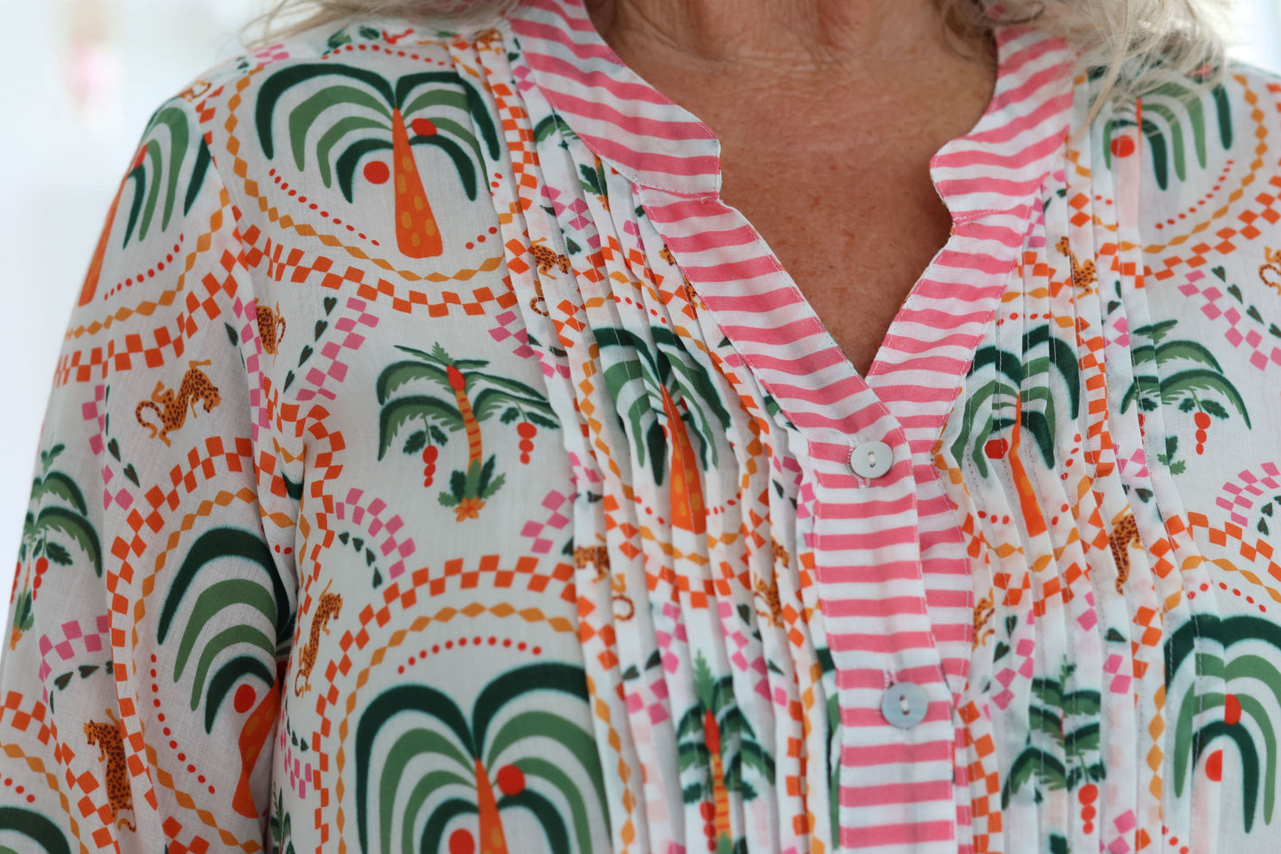 Mandarin Pin Tuck Dress Pink/Green Palm