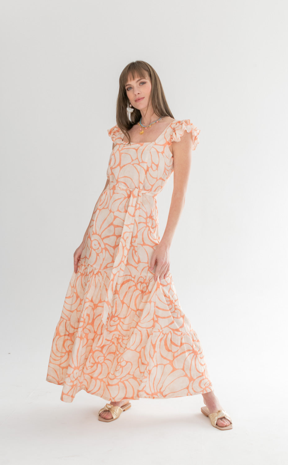 Lola Flutter Sleeve Dress Coral Shell Print