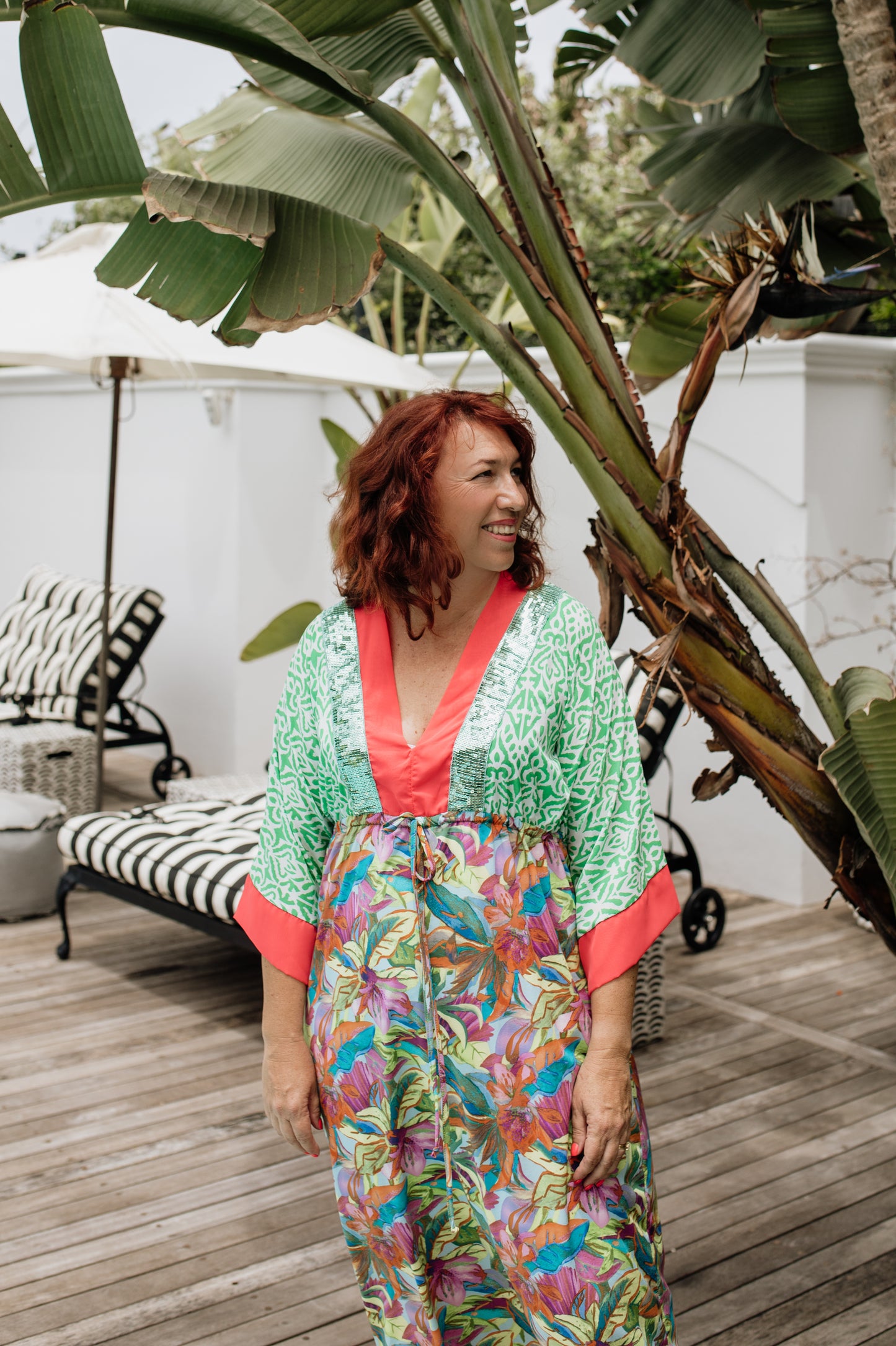 Drawstring Kaftan Dress Turquoise Sequin