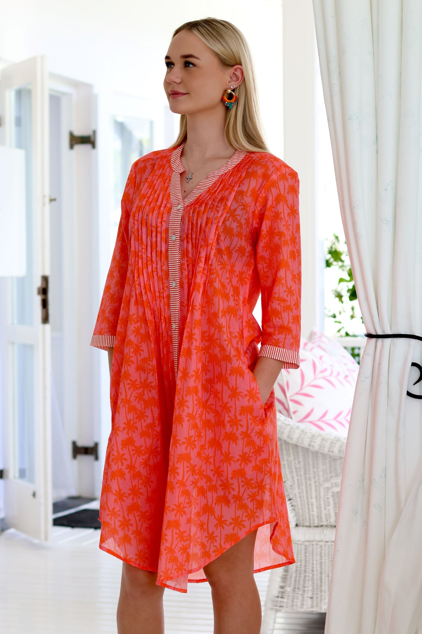 Mandarin Pin Tuck Dress Red/Pink Palm