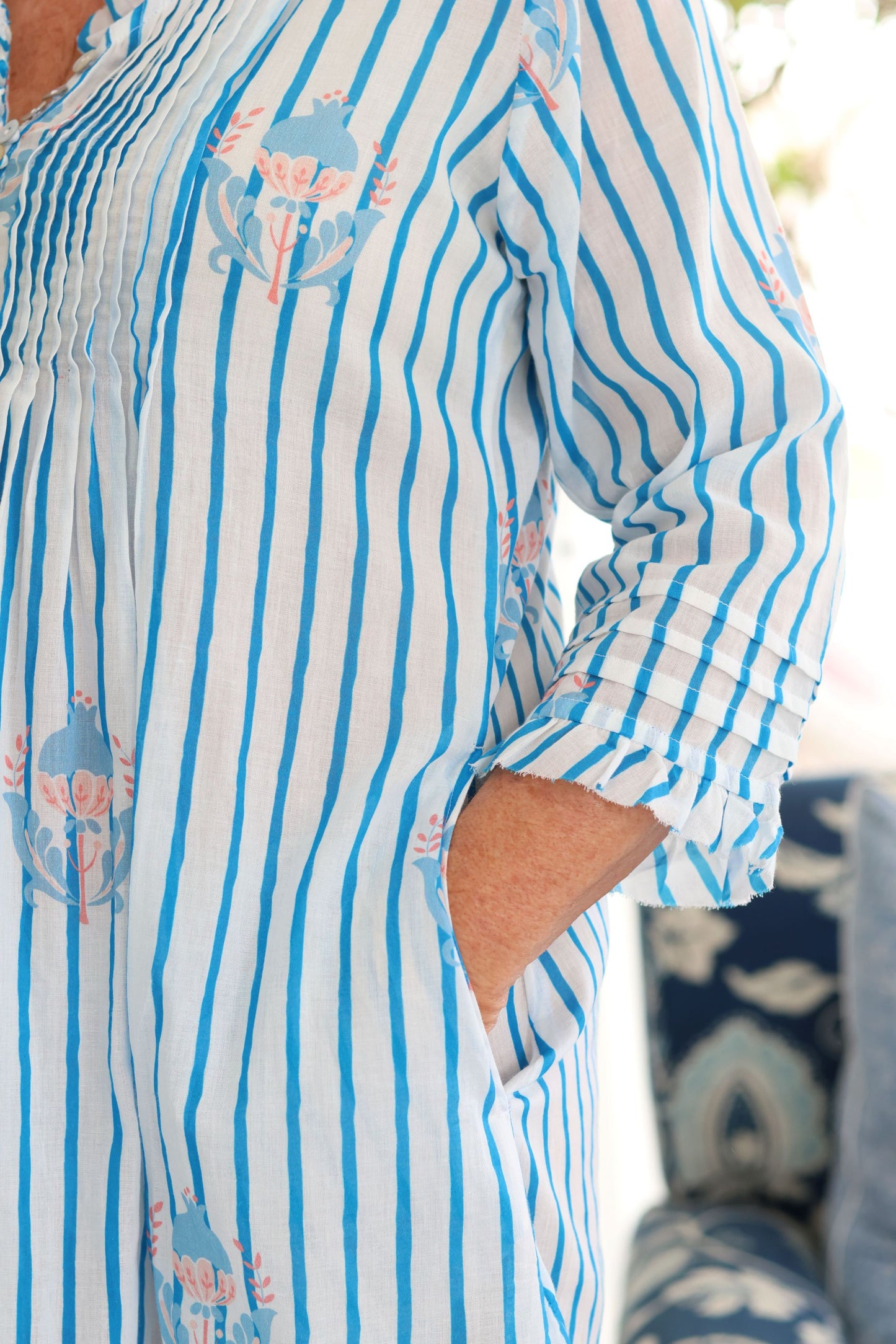 Pin Tuck Dress Turquoise Stripe