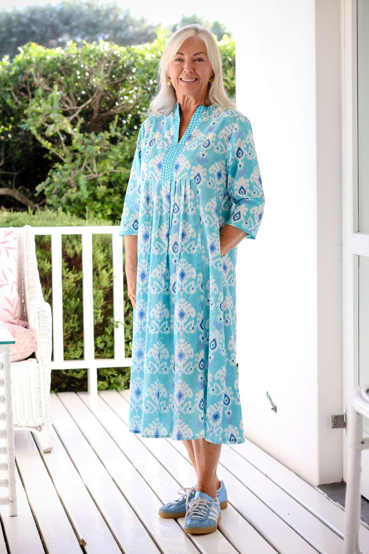 Front Pleat Dress Turquoise Gingham