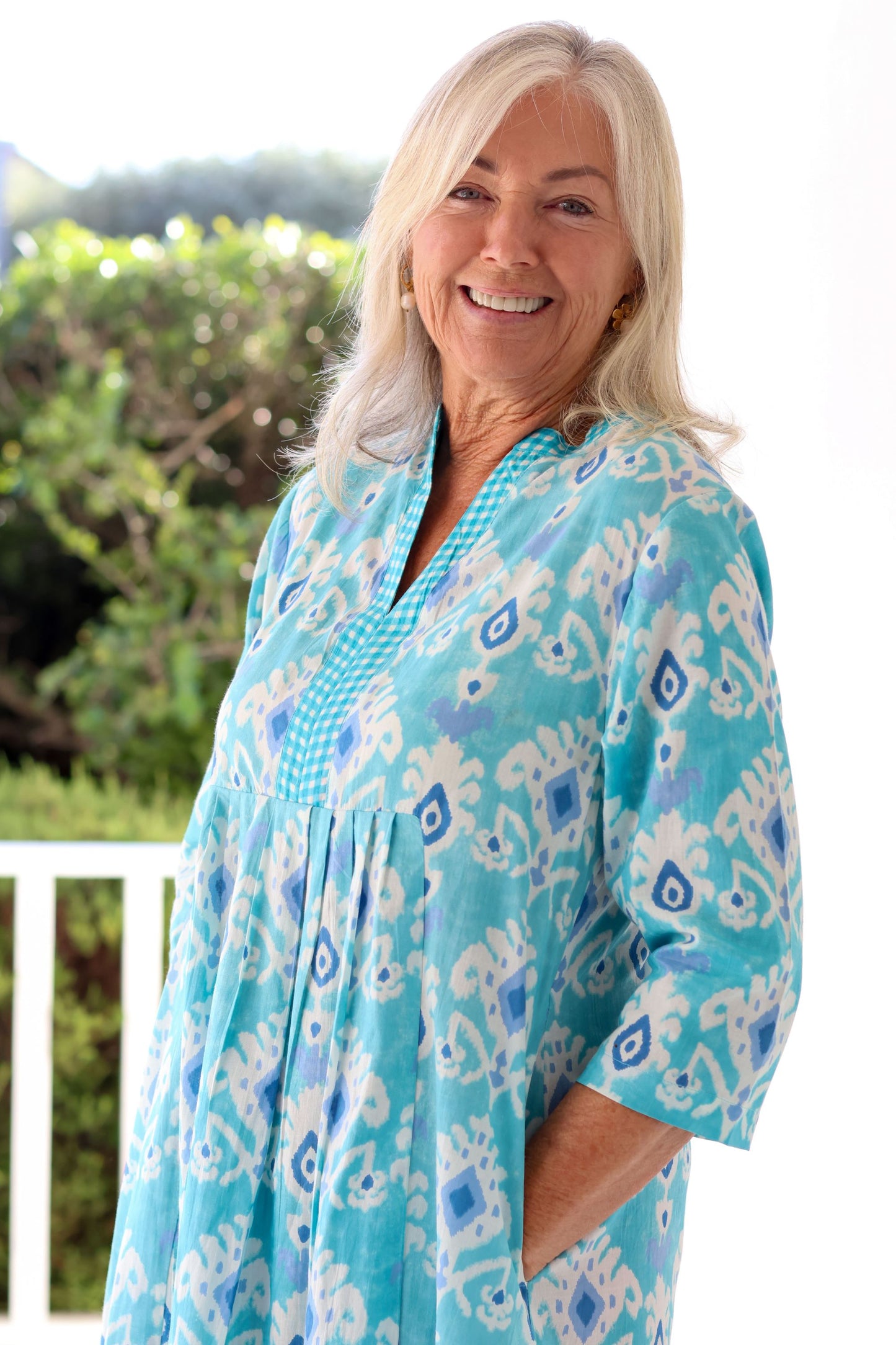 Front Pleat Dress Turquoise Gingham