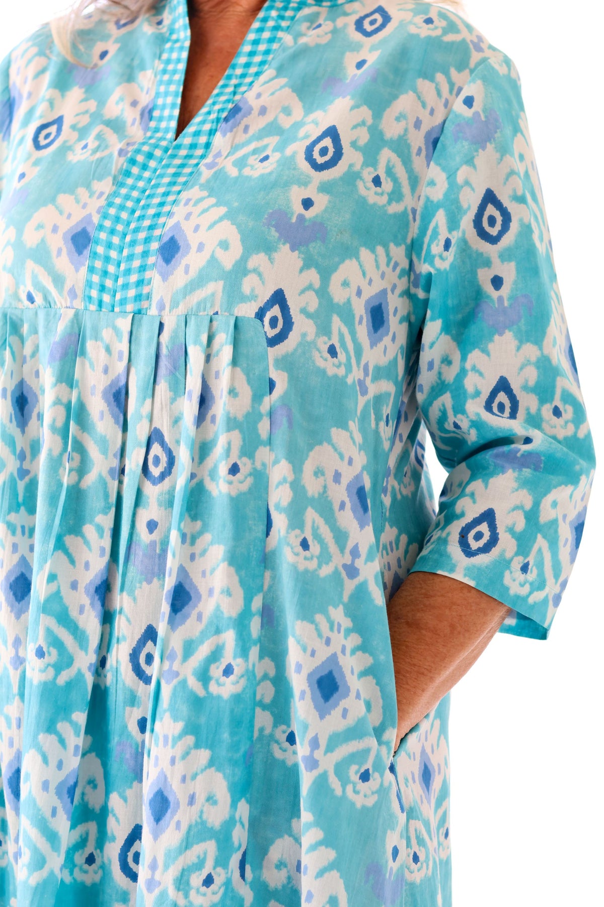 Front Pleat Dress Turquoise Gingham