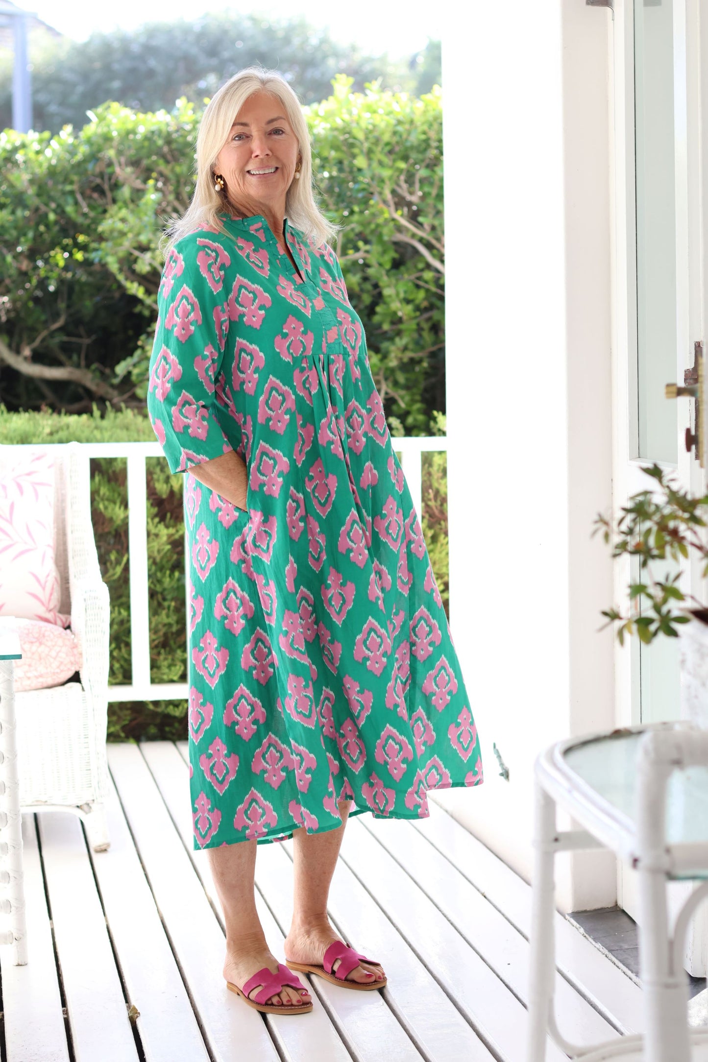 Front Pleat Dress Green/Pink