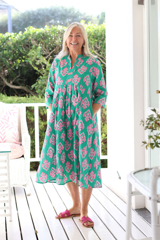 Front Pleat Dress Green/Pink