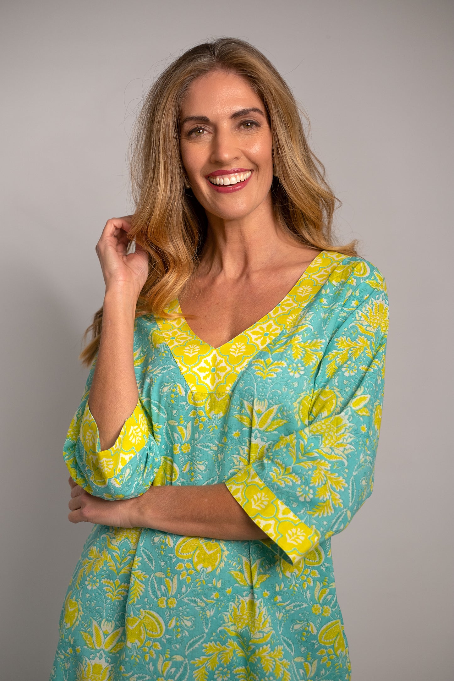 V-neck Tunic Turquoise & Lime