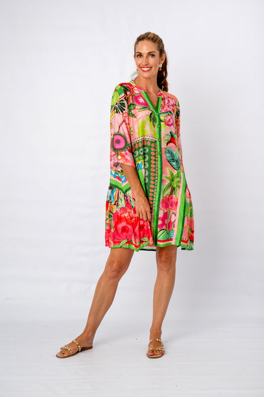 Amalfi Dress Pink and Green Tropical Island