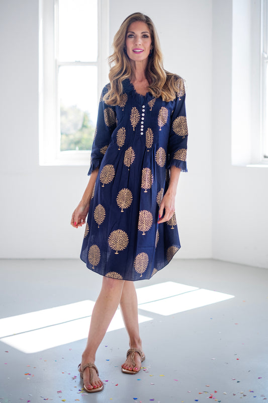 Sarah Dress Navy Gold Trees