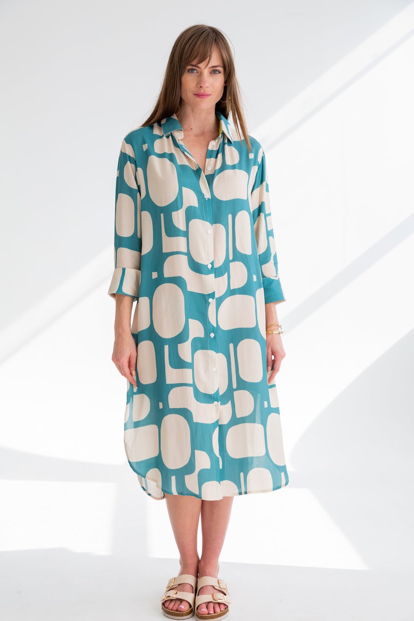 Evie Dress Blue Pebble Print