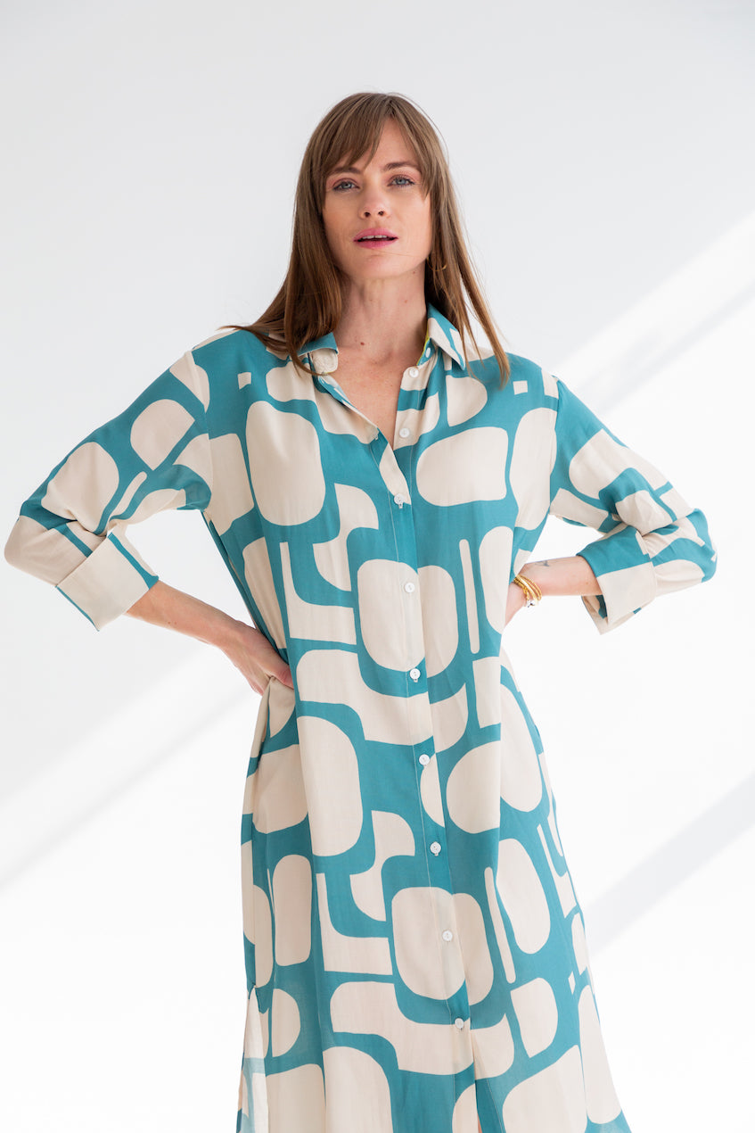 Evie Dress Blue Pebble Print