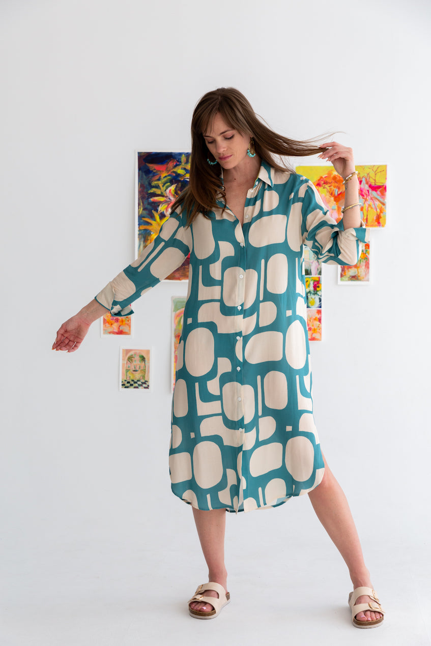 Evie Dress Blue Pebble Print