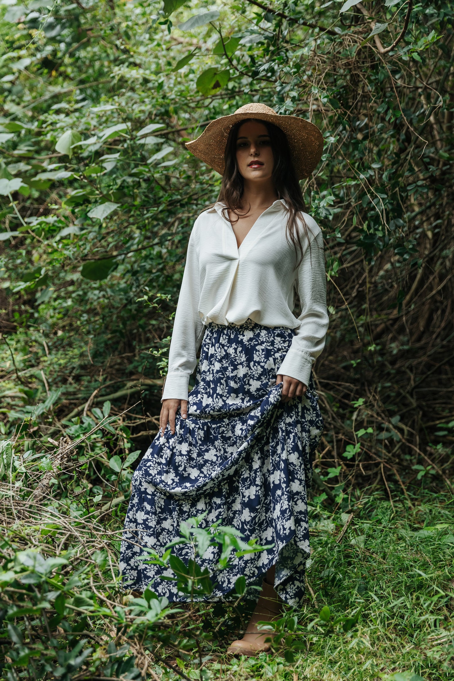Gypsy Skirt Navy Ivory Floral Silhouette