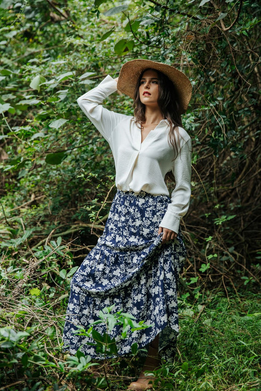 Gypsy Skirt Navy Ivory Floral Silhouette