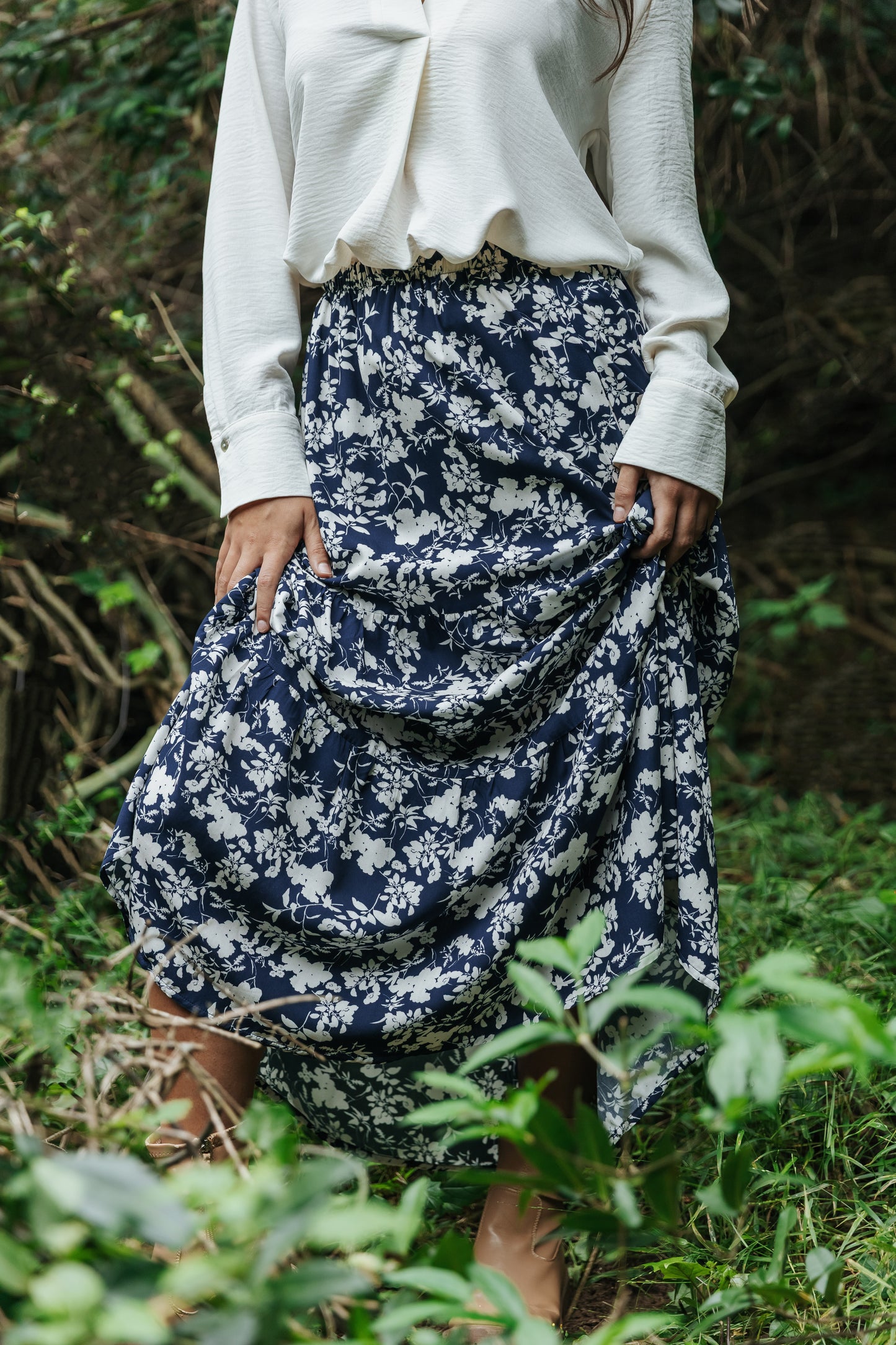 Gypsy Skirt Navy Ivory Floral Silhouette
