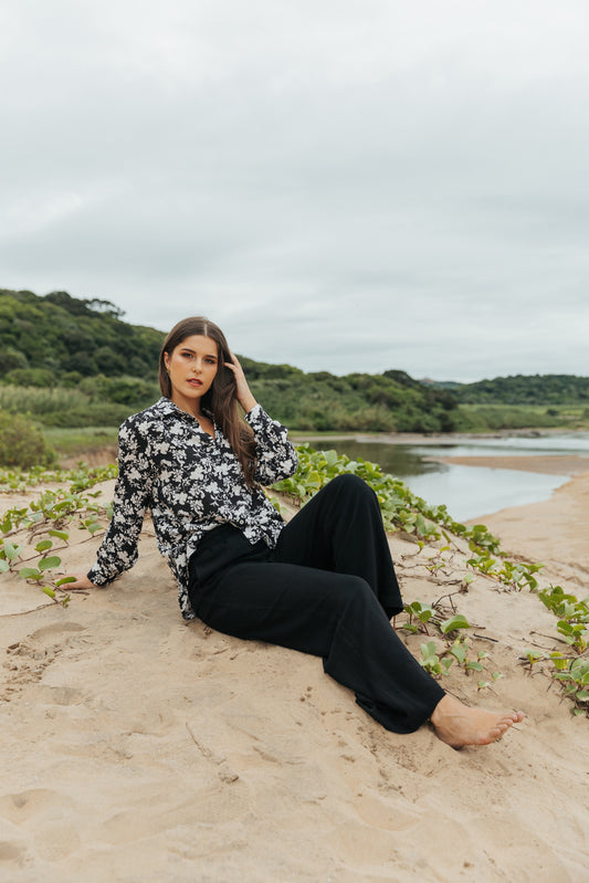 Isla Blouse Black Ivory Floral Silhouette