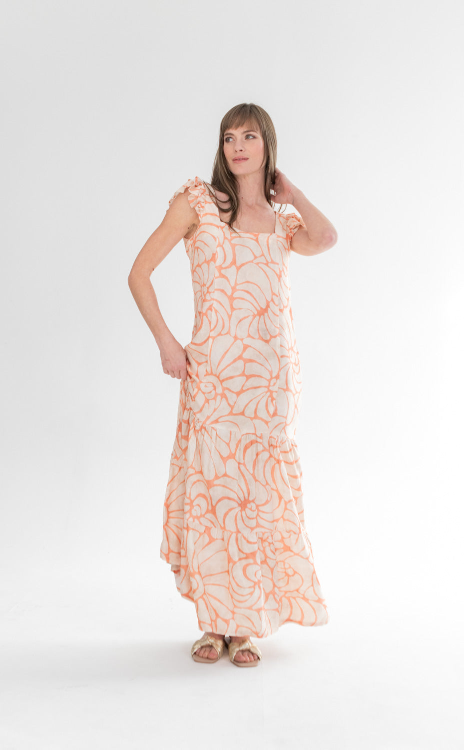 Lola Flutter Sleeve Dress Coral Shell Print