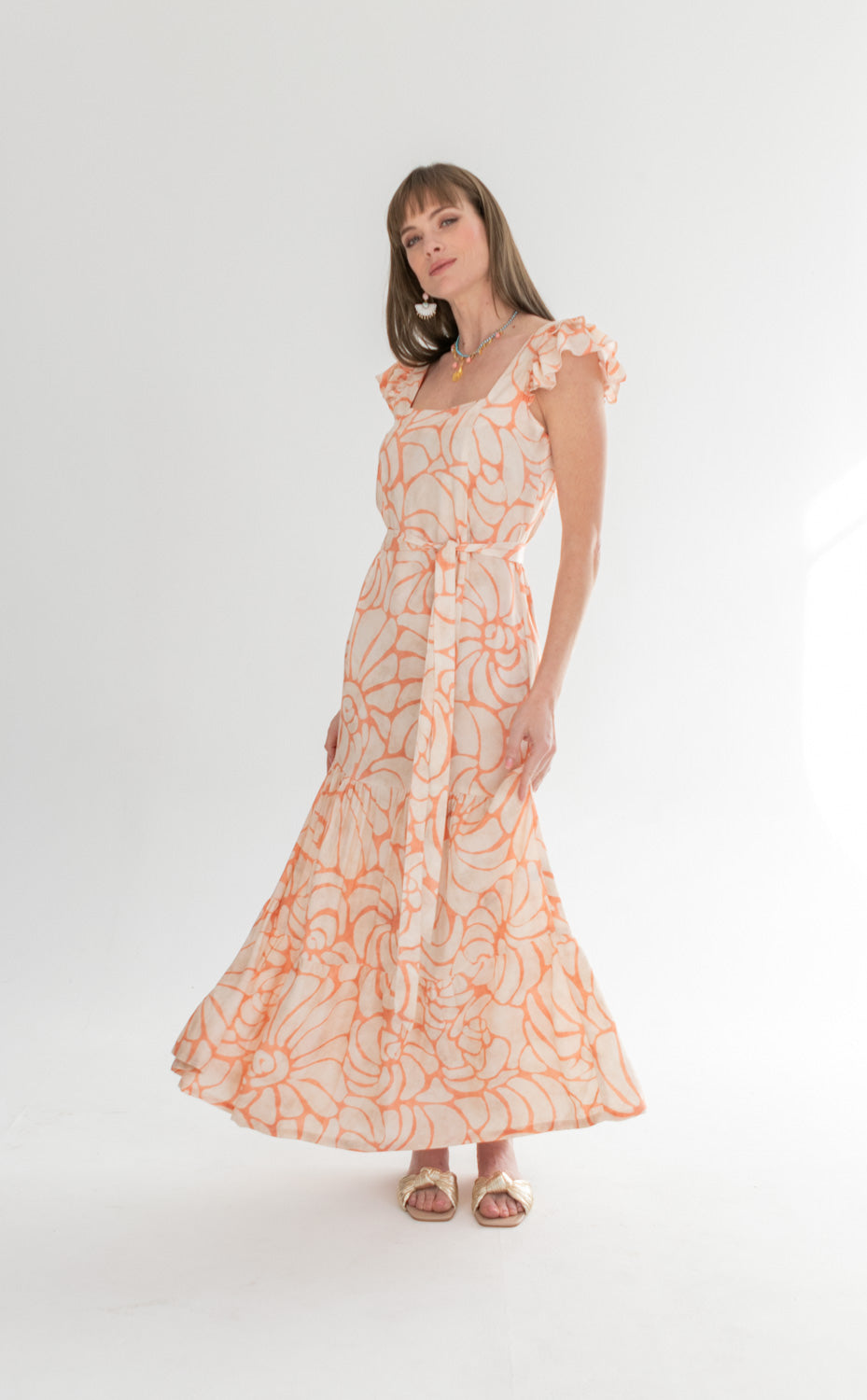 Lola Flutter Sleeve Dress Coral Shell Print