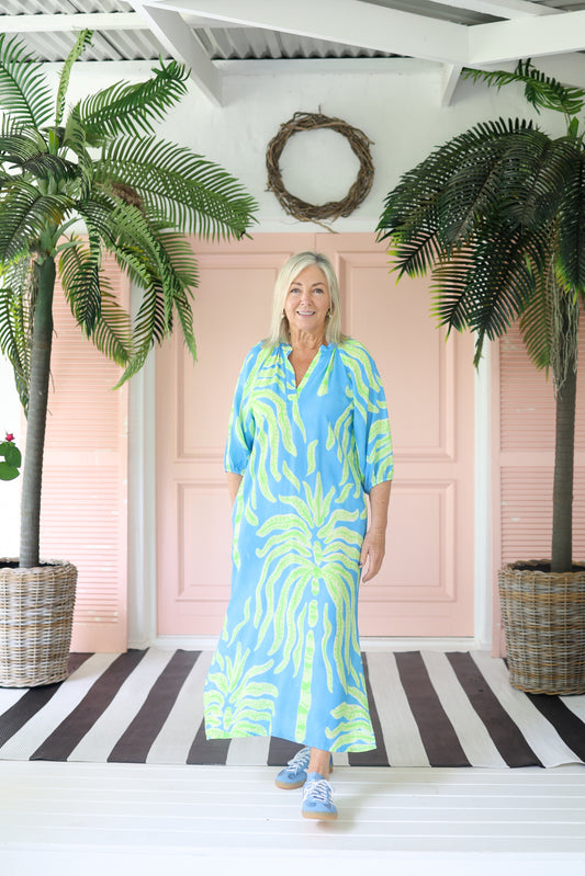 Bianca Raglan Dress Turquoise Palm