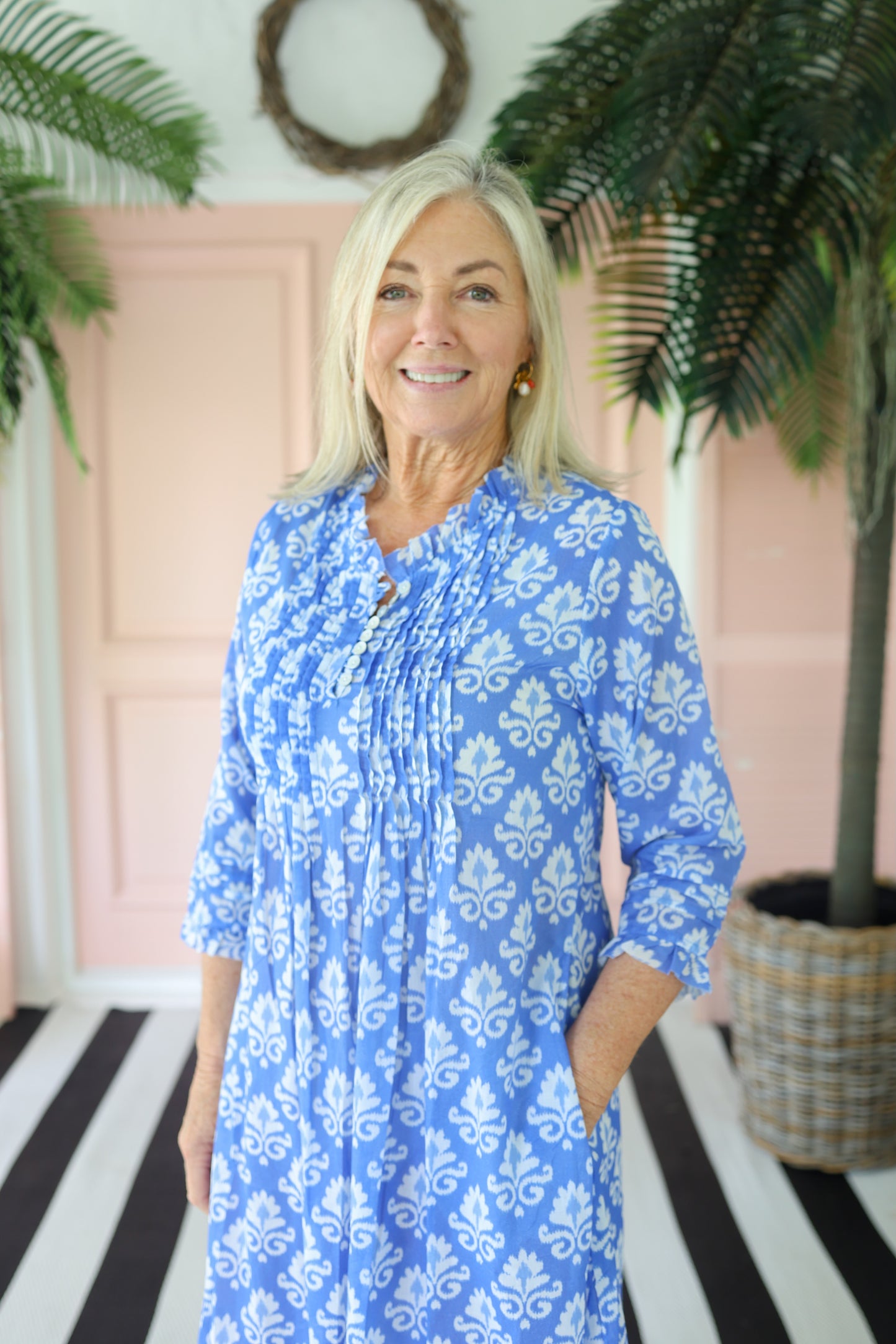 Pintuck Daisy Dress Blue & White