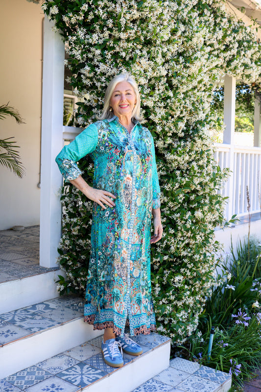 Maddison Long Shirt Dress Teal Garden