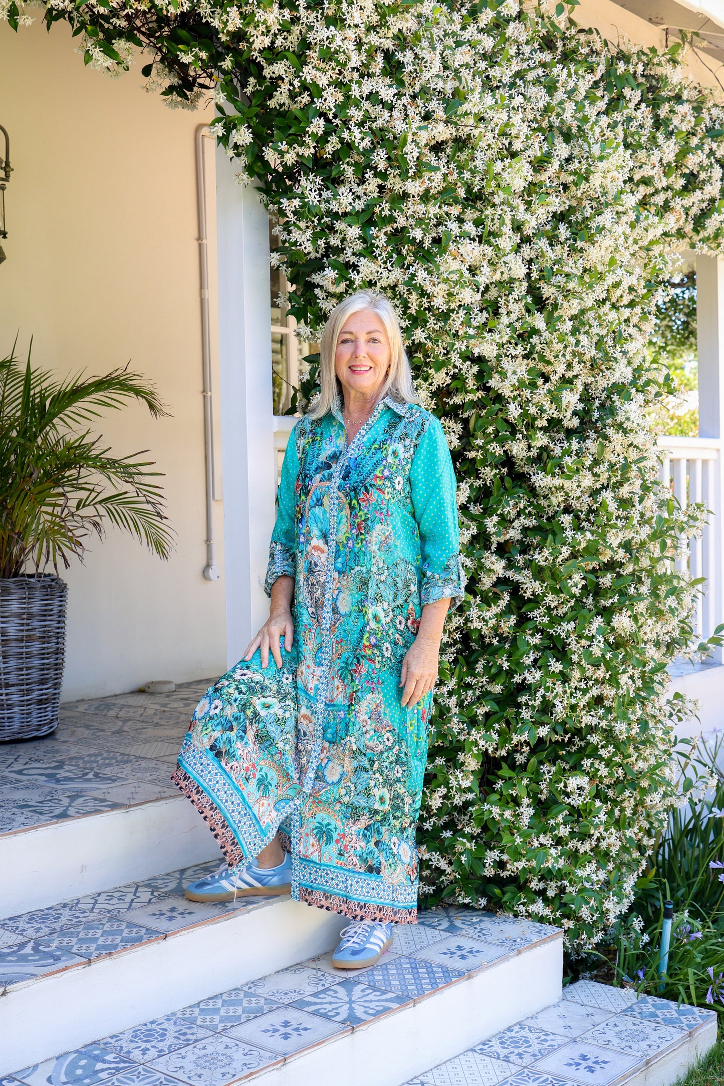 Maddison Long Shirt Dress Teal Garden