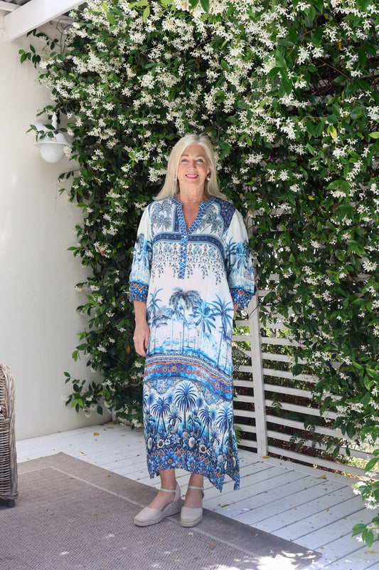 Arlene Dress Blue Palm Print