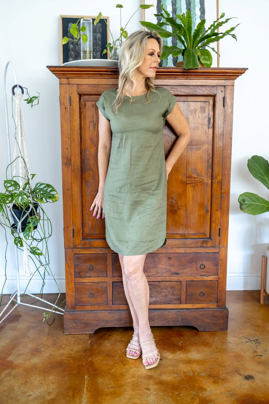 Lily Linen Dress Longer Length Olive